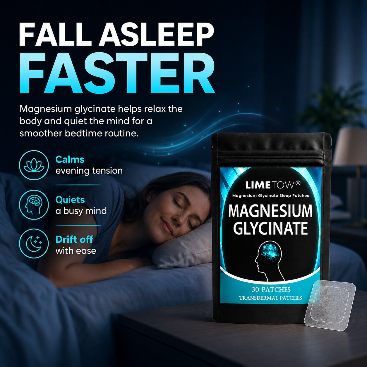 LIMETOW® MAGNESIUM GLYCINATE SLEEP PATCHES! CALMING NIGHTTIME SUPPORT FOR EASIER REST AND REFRESHING MORNINGS!
