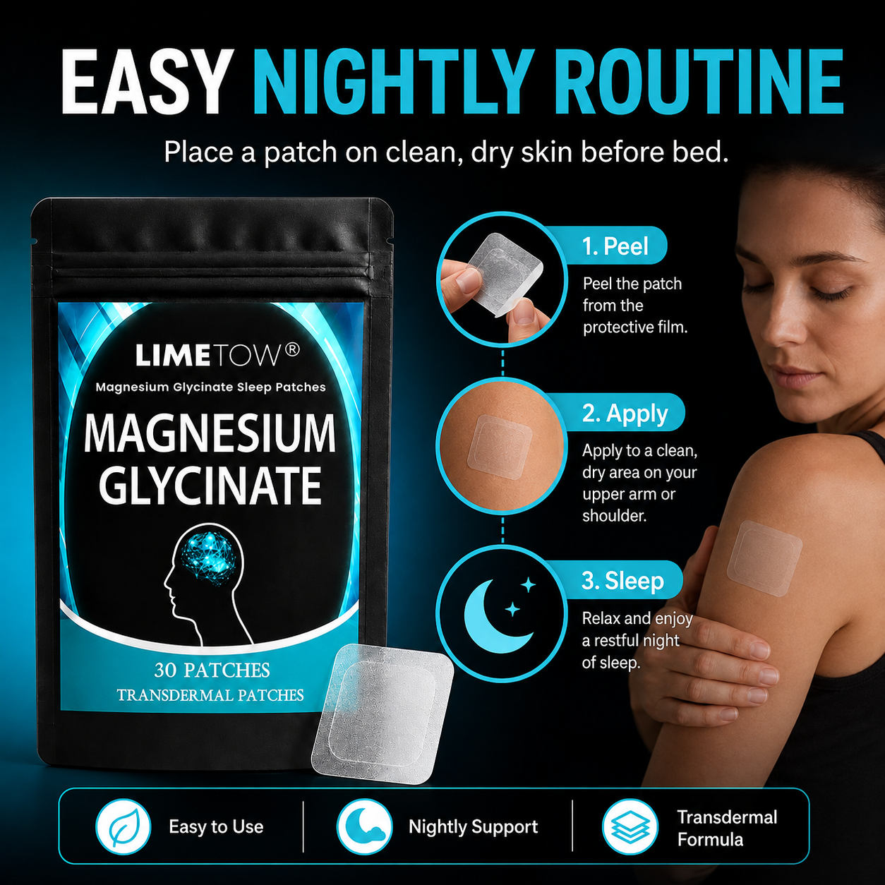 LIMETOW® MAGNESIUM GLYCINATE SLEEP PATCHES! CALMING NIGHTTIME SUPPORT FOR EASIER REST AND REFRESHING MORNINGS!