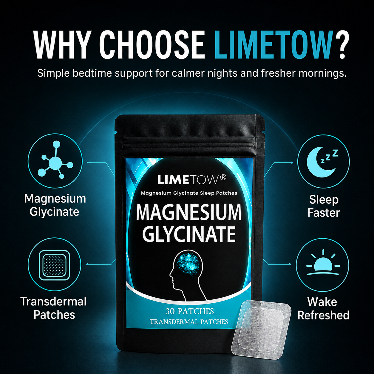 LIMETOW® MAGNESIUM GLYCINATE SLEEP PATCHES! CALMING NIGHTTIME SUPPORT FOR EASIER REST AND REFRESHING MORNINGS!