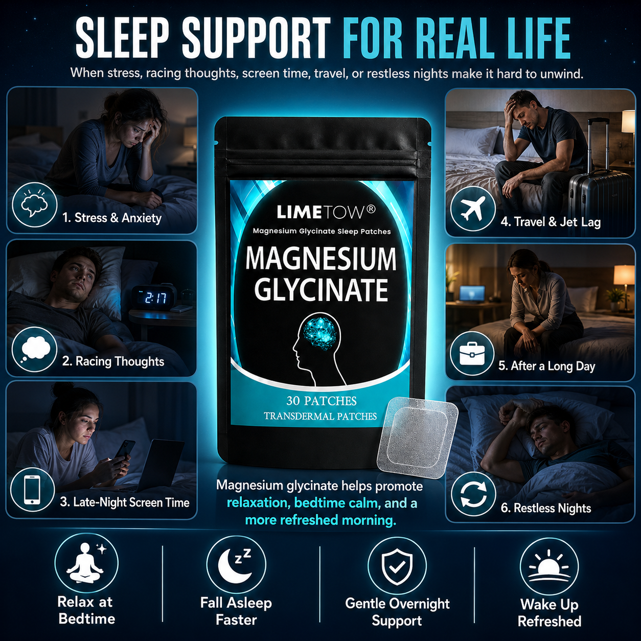 LIMETOW® MAGNESIUM GLYCINATE SLEEP PATCHES! CALMING NIGHTTIME SUPPORT FOR EASIER REST AND REFRESHING MORNINGS!