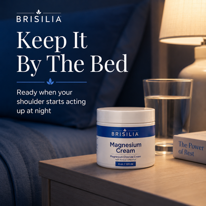 A topical Magnesium Chloride cream for women tired of frozen shoulder pain, stiffness, and 3 AM wake-ups.