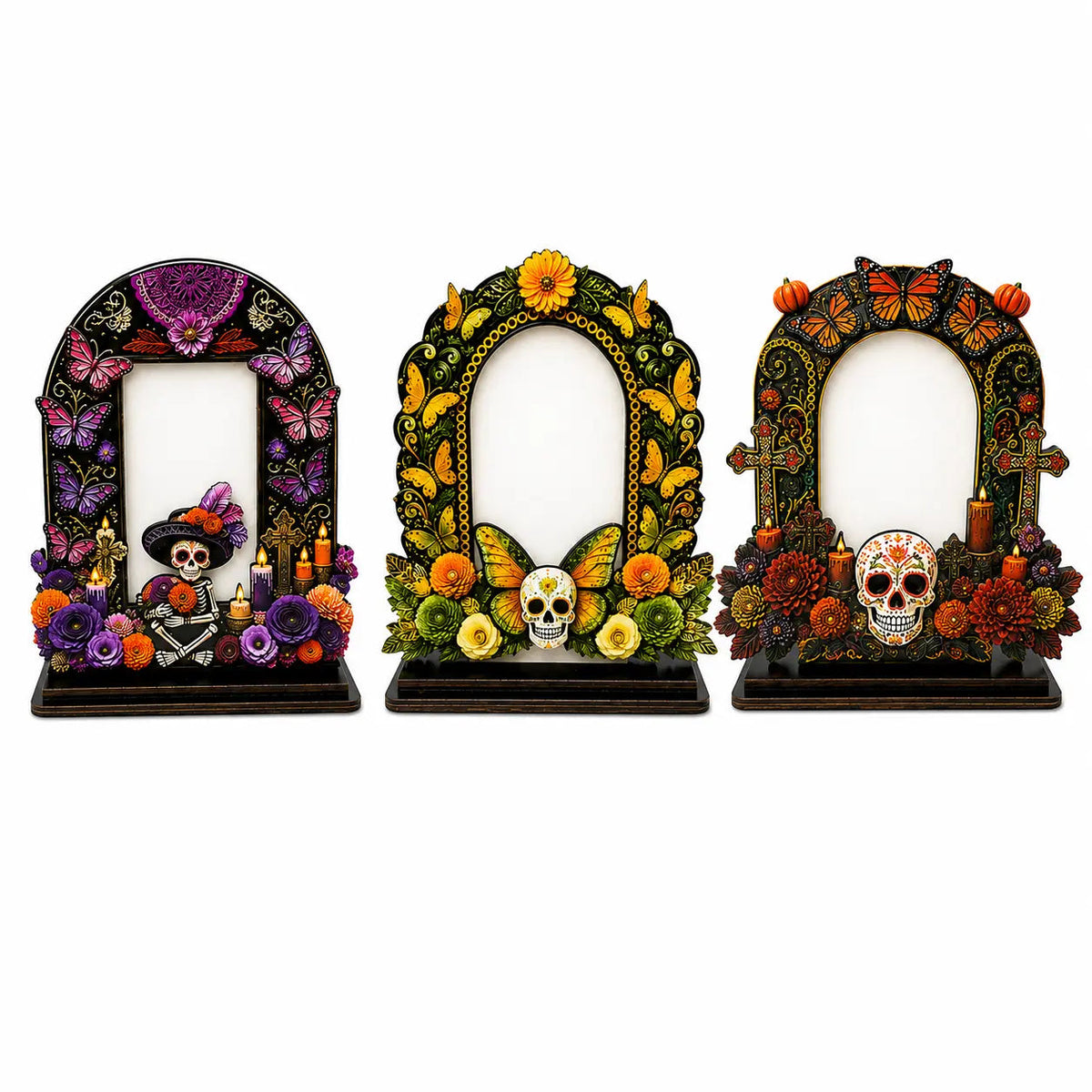 💀 DAY OF THE DEAD DECOR | 6 Wooden Memorial Photo Frames – Colorful Ofrenda Picture Frame Set with Floral Details