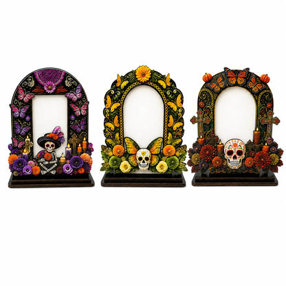 💀 DAY OF THE DEAD DECOR | 6 Wooden Memorial Photo Frames – Colorful Ofrenda Picture Frame Set with Floral Details