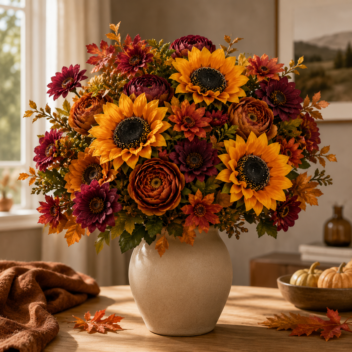 UV Resistant & Maintenance-Free Artificial Flowers - Autumn Peony Hydrangea Sunflower Bouquet
