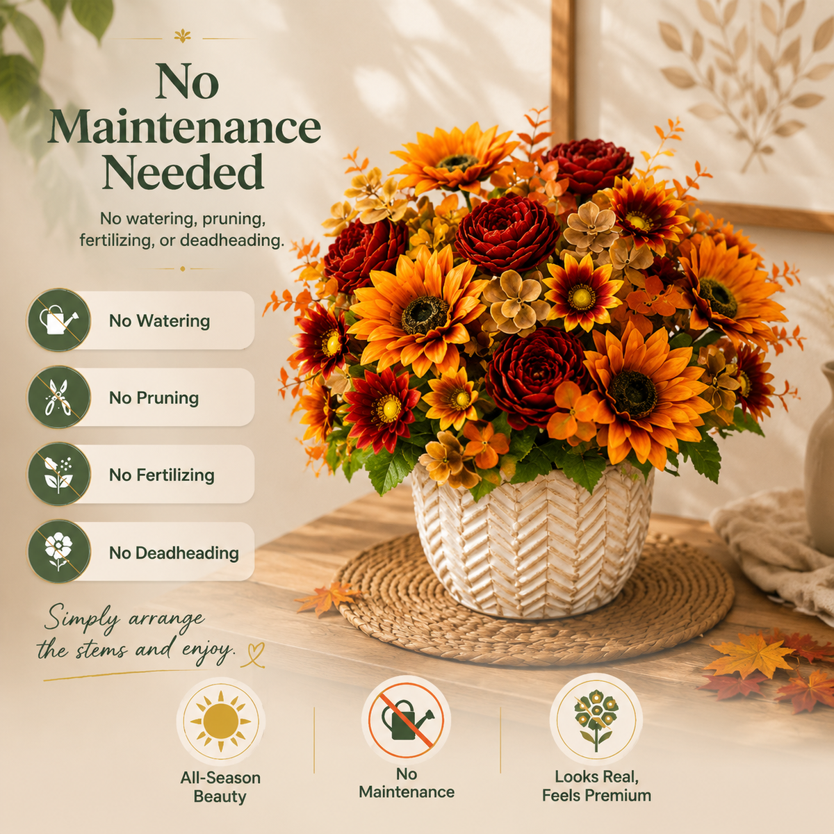 UV Resistant & Maintenance-Free Artificial Flowers - Autumn Peony Hydrangea Sunflower Bouquet